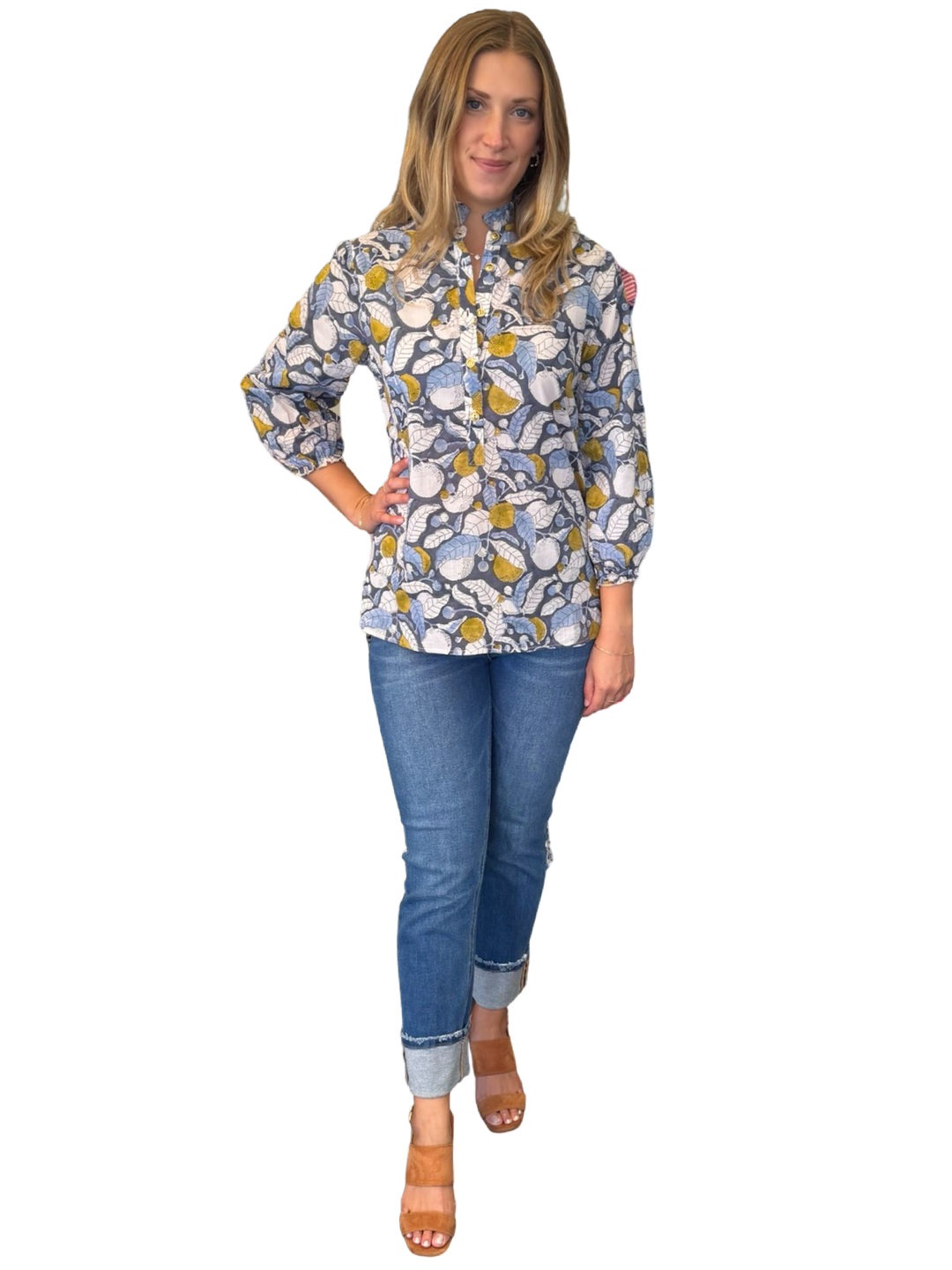 The Tricia Ruffle Trim Top in Grey Blue Leaf Print