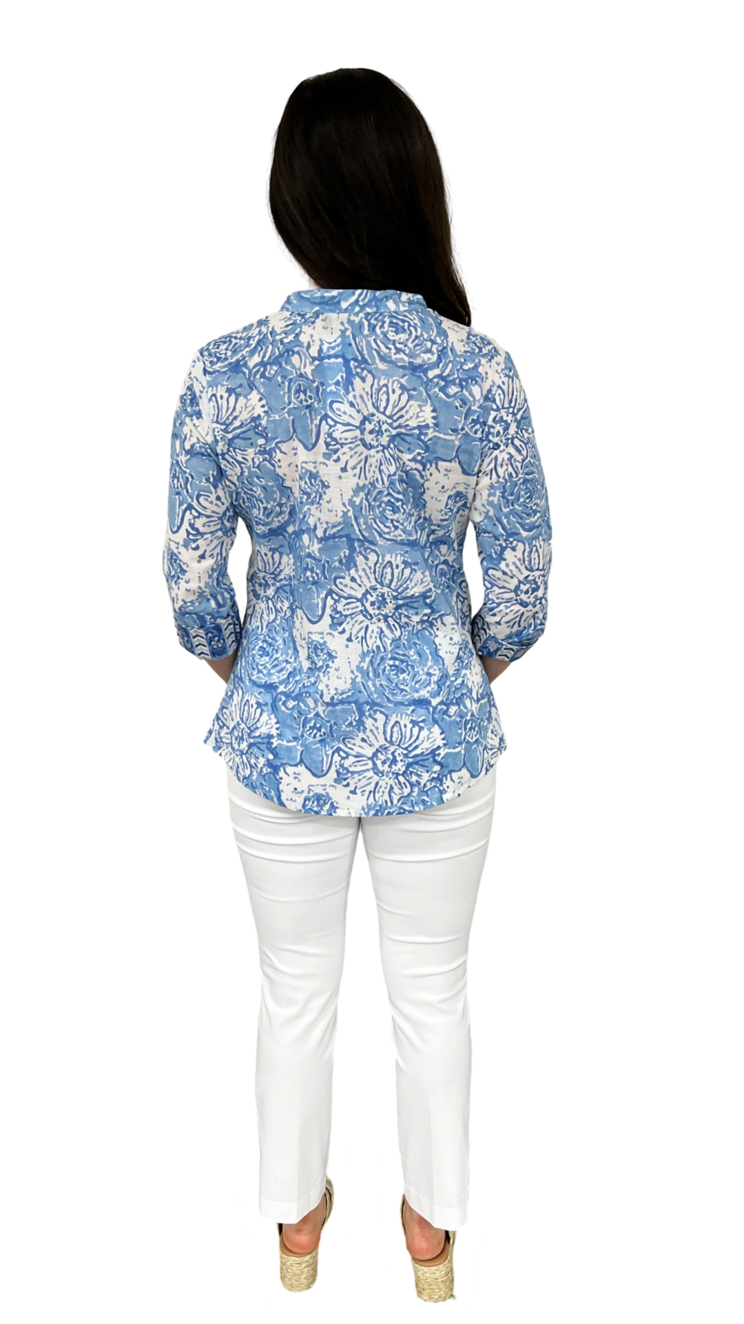 The Eloise Cotton Block Print Top in Soft Blue Petunia Floral — view 6