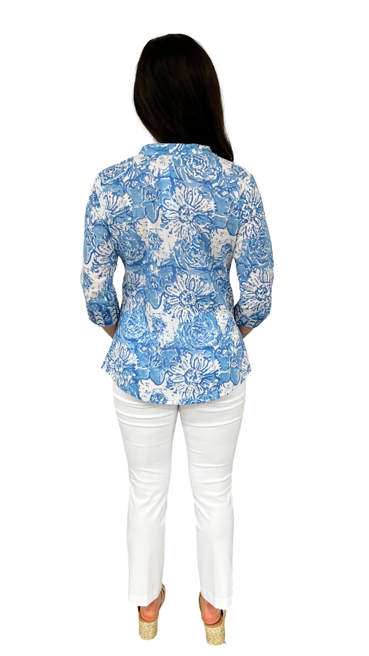 The Eloise Cotton Block Print Top in Soft Blue Petunia Floral — view 6