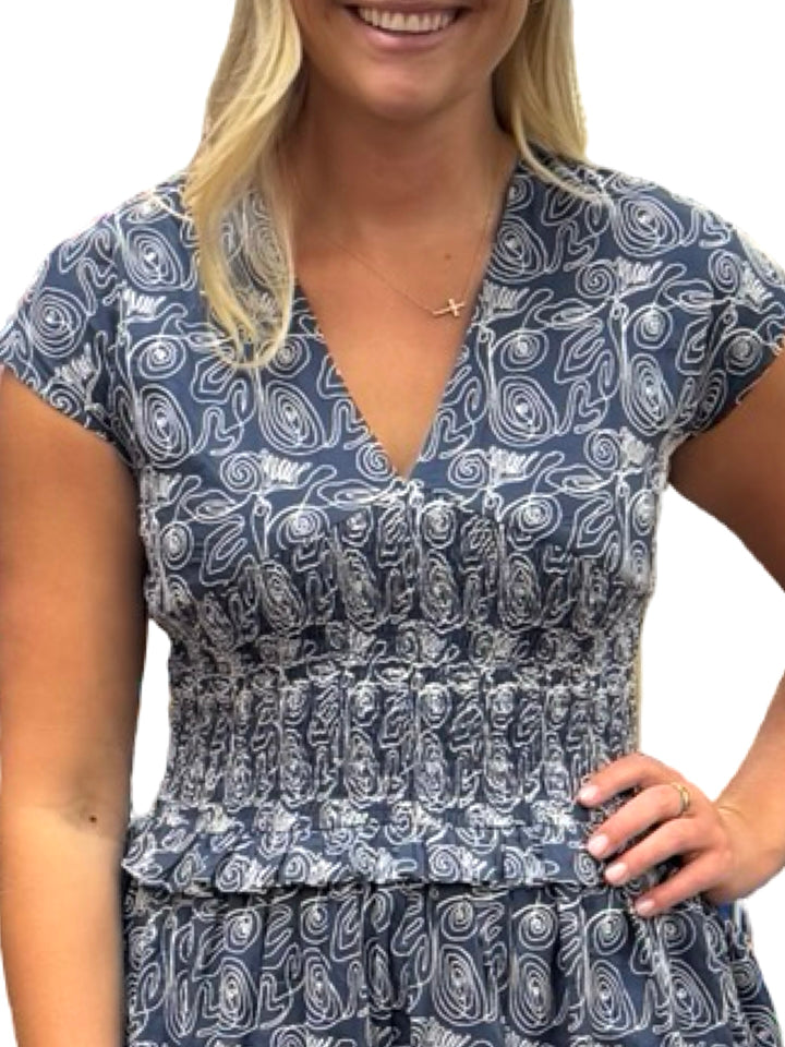 The MacColl Navy Embroidered Cinch Waist Dress