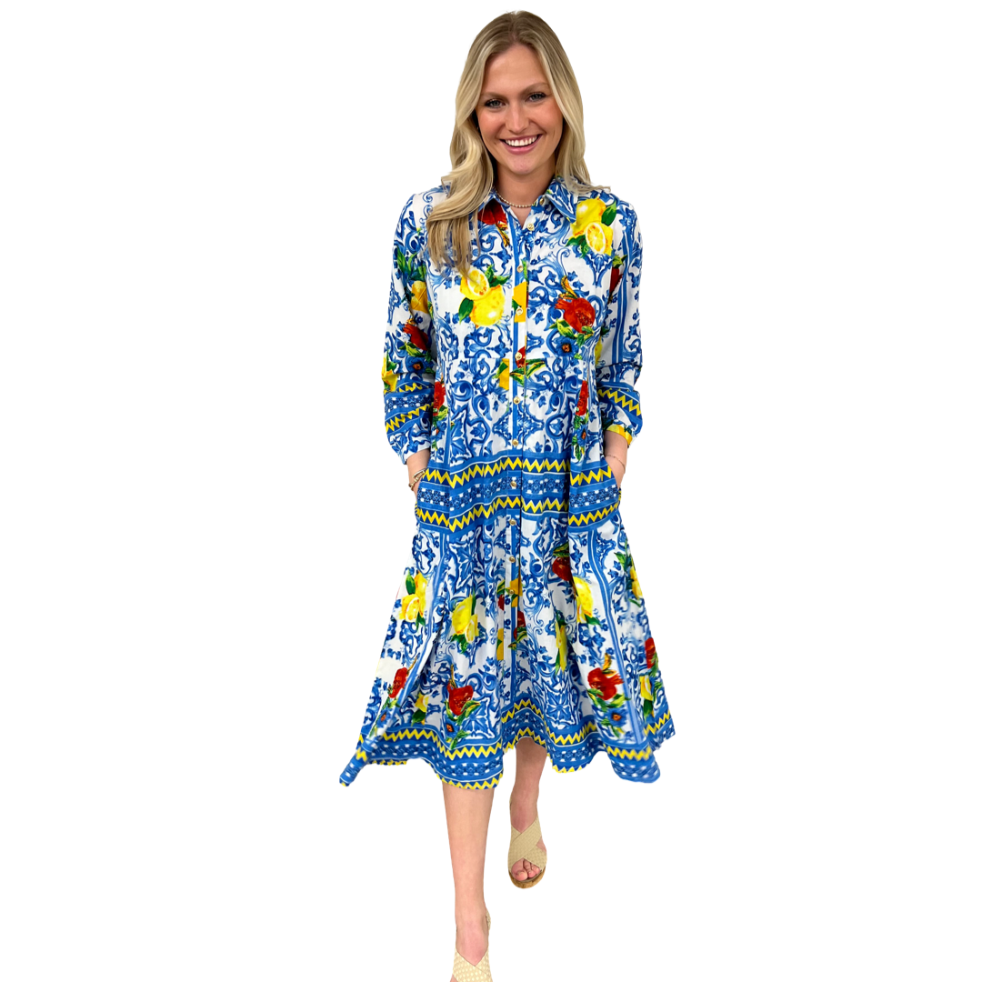 white christmas dresses The Marion Button Front Cotton Midi Dress in Blue White Lemon Print
