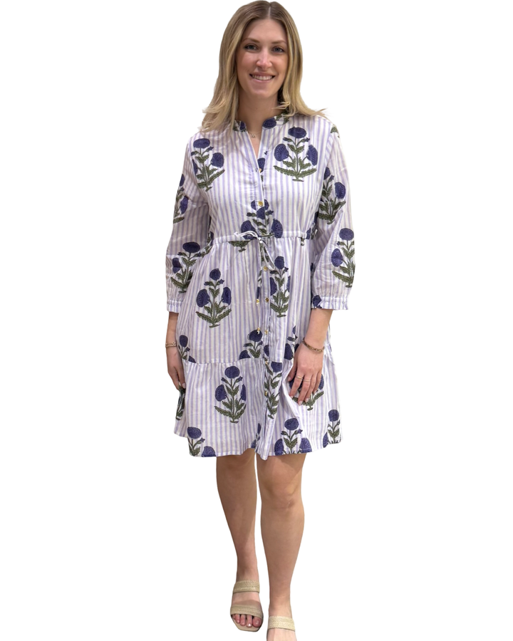 The Hamilton Striped Lavender Cotton Floral Hand Block Printed Dress — view 3