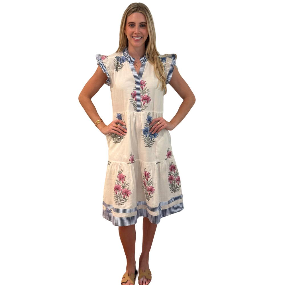 The Campbell Striped Trim Hand-Blocked Floral Midi Dress — view 2