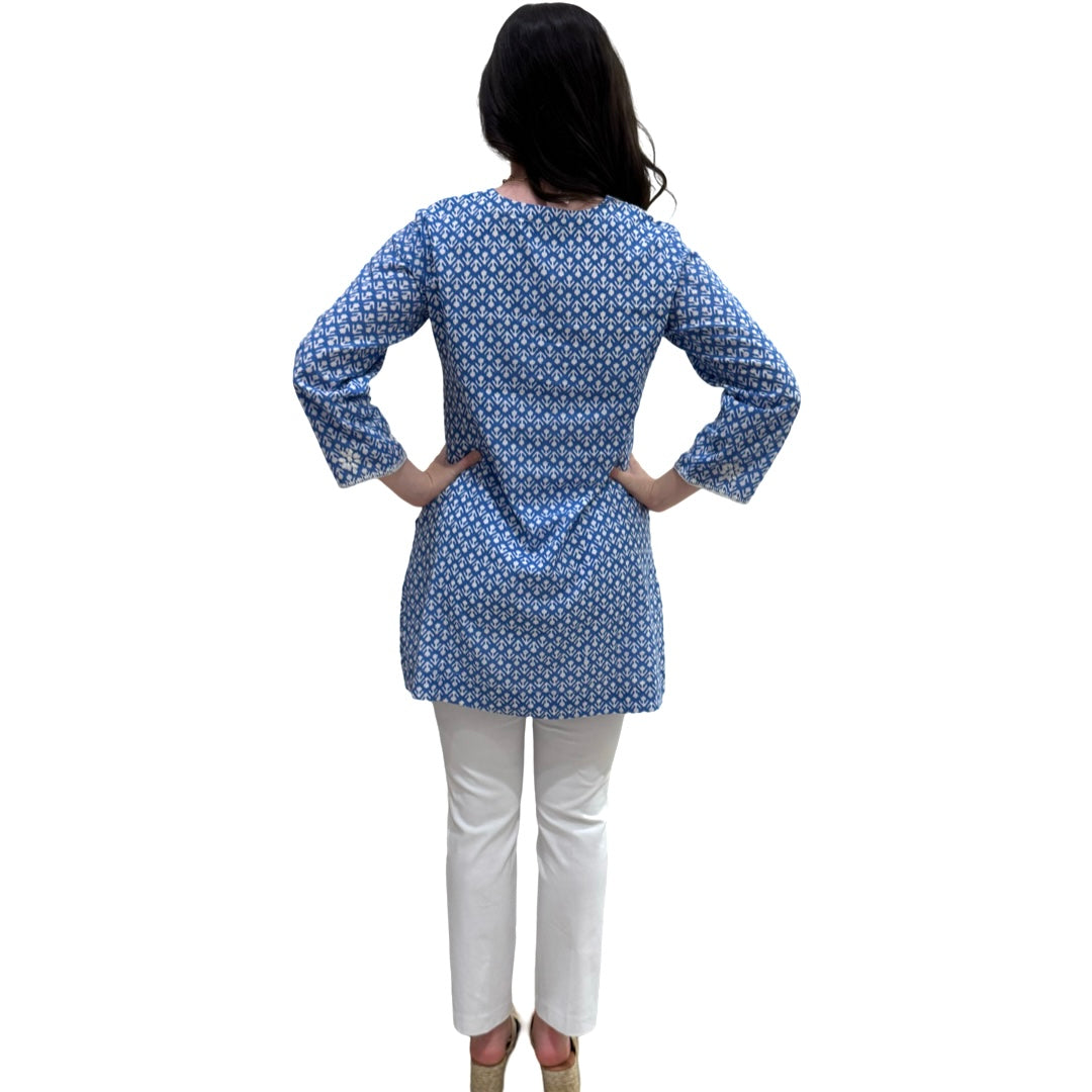 The Key Largo Tunic in Blue and White Petite Floral Hand Blocked — view 5