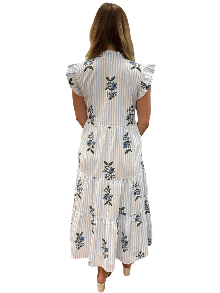 The Campbell Cotton Flutter Sleeve Dress in Light Blue Striped Floral — view 5