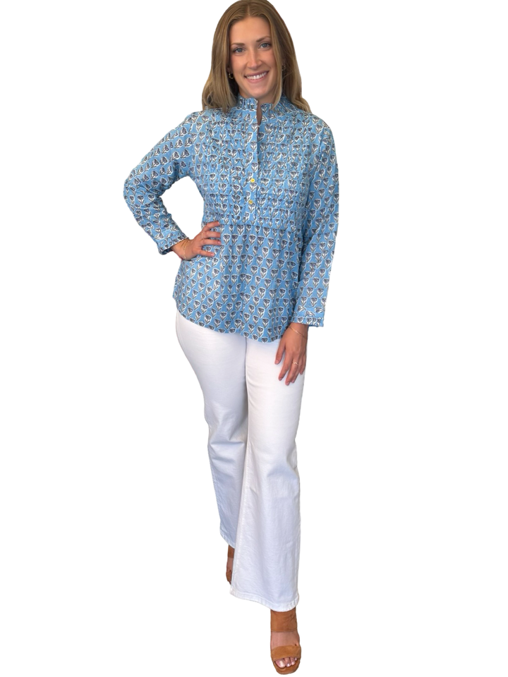 The Veronica Smocked Front Top in Light Blue Hand Block Printed Floral