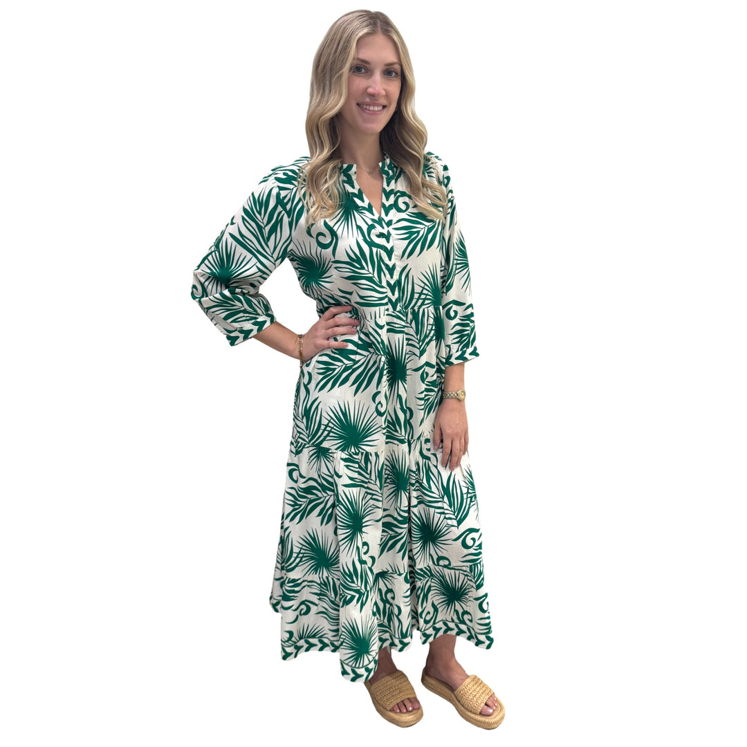 The Campbell Long Classic Fit Dress in Emerald and White Palm Print