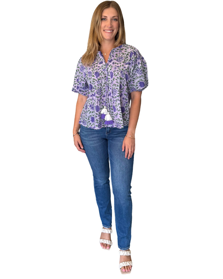 The Poppy Puff Sleeve Top in Purple Floral Hand Block Printed Cotton — view 4