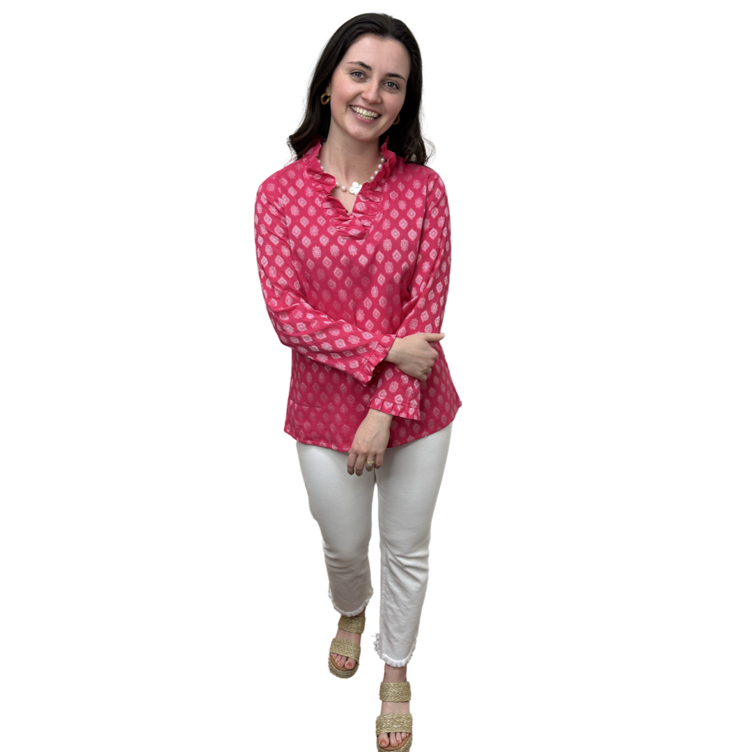 The Daley Ruffle Neck Collar Tunic Top in Pink and White