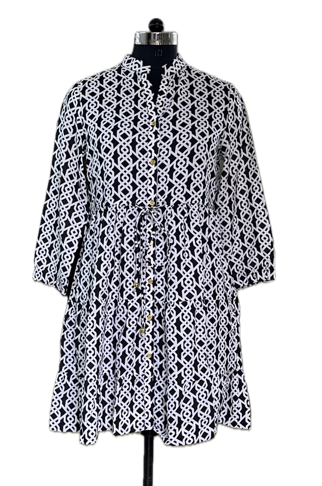 The Hamilton Tie Front Monochromatic Print Dress in Black and White — view 8