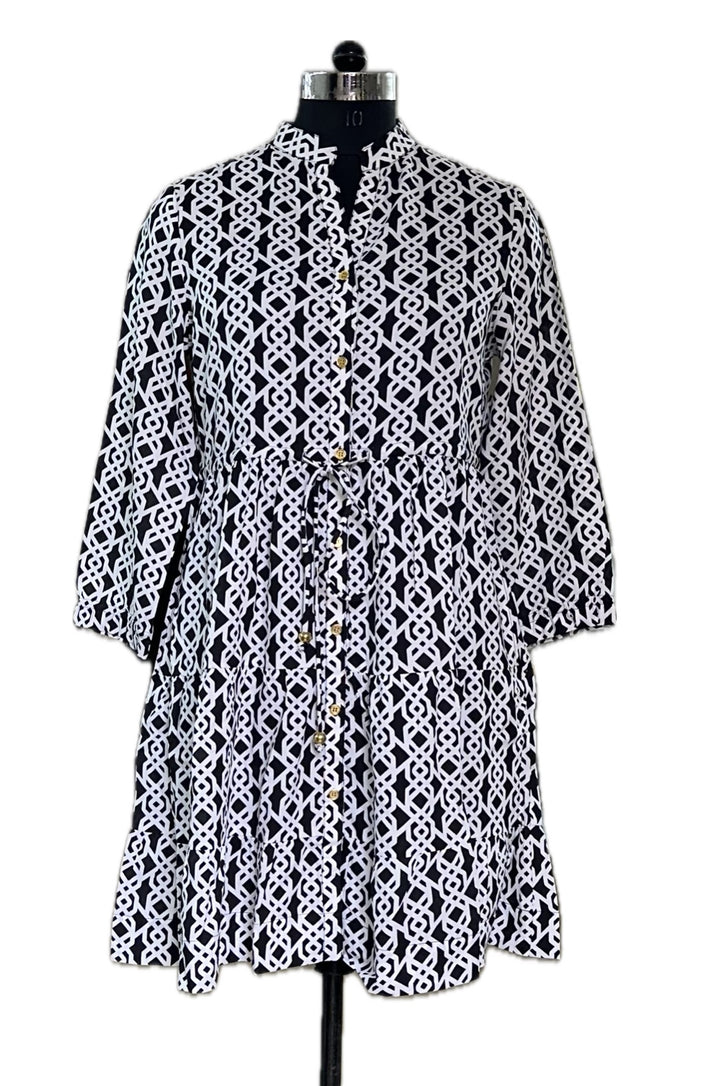 The Hamilton Tie Front Monochromatic Print Dress in Black and White — view 8