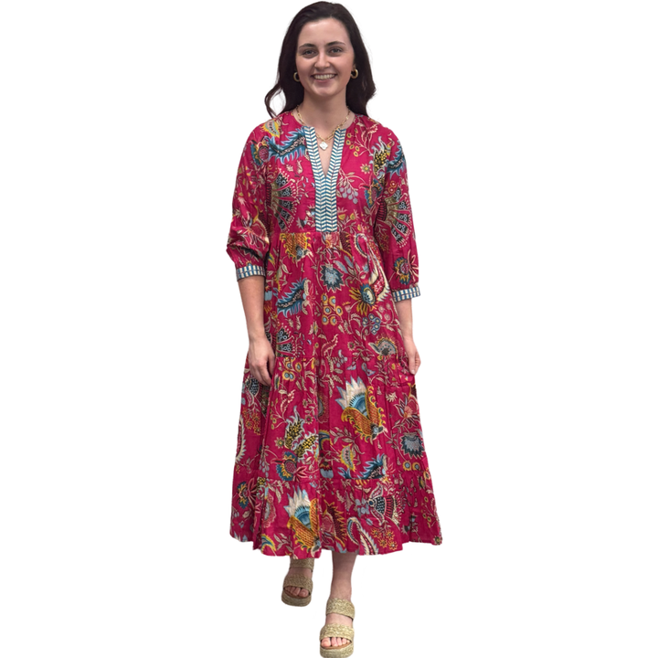 The Daniella Fuchsia Pink Hand Blocked Floral Embroidered Trim Dress — view 3