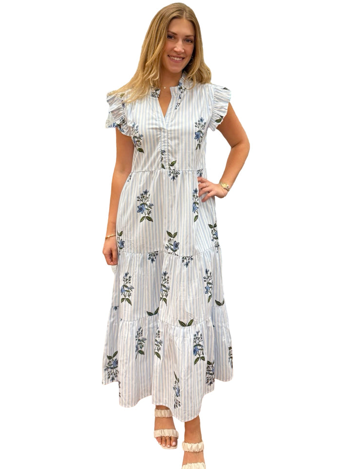 The Campbell Cotton Flutter Sleeve Dress in Light Blue Striped Floral — view 4