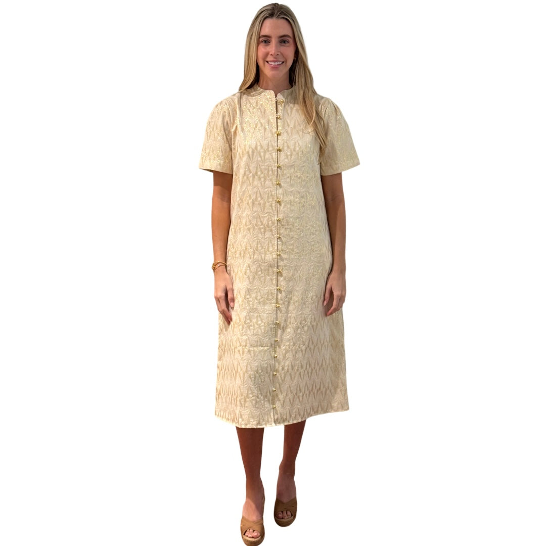 The Tabitha Button Front Dress in White and Gold Jaquard — view 2