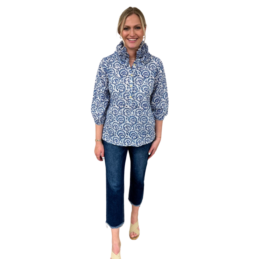 The Maria Ruffle Neck Cotton Blouse in White Blue Hand Blocked Floral — view 2