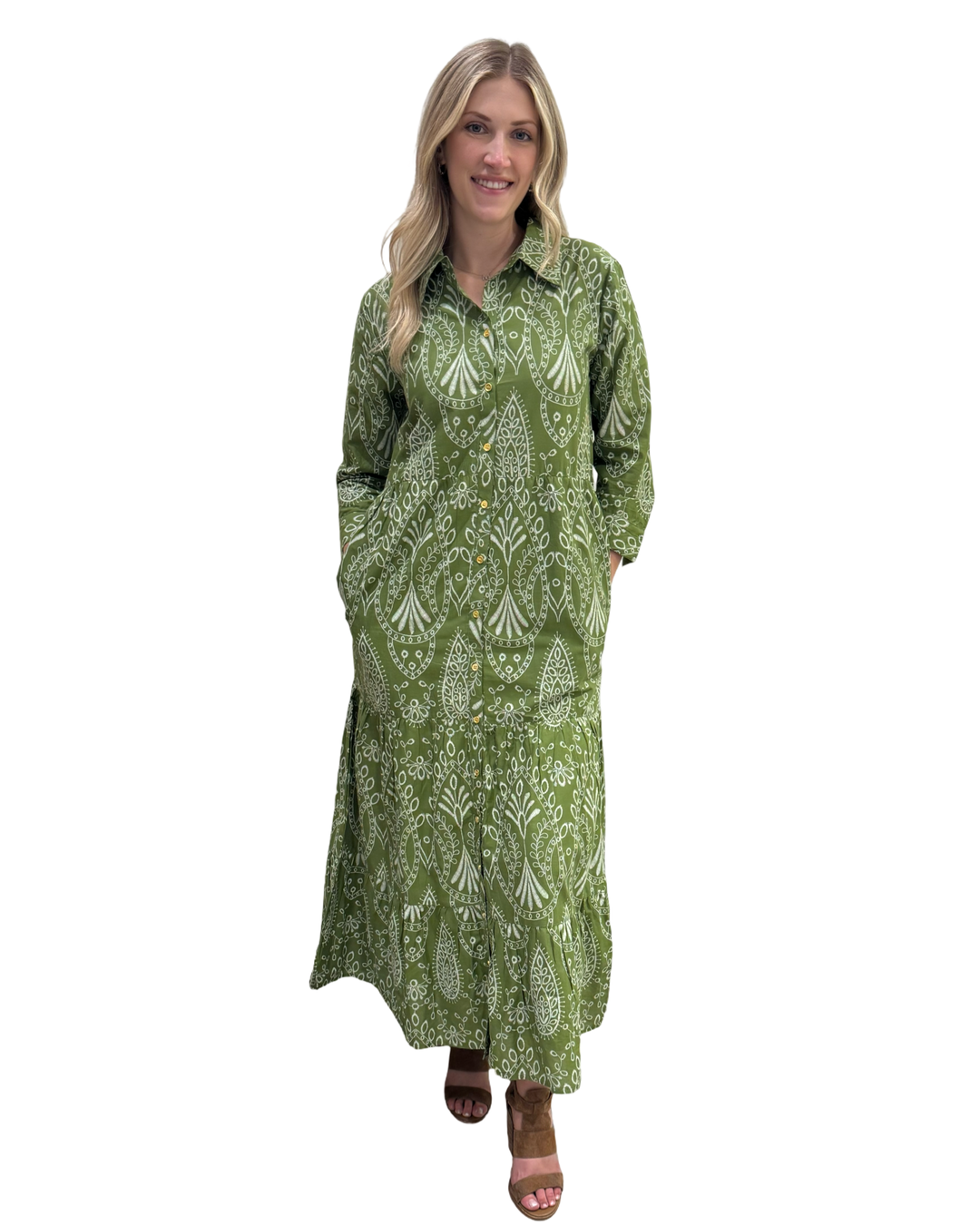 The Lucille Button Front Dress in Army Green — view 3