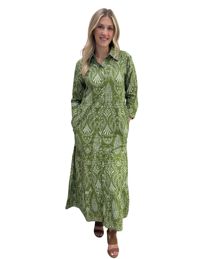 The Lucille Button Front Dress in Army Green — view 3
