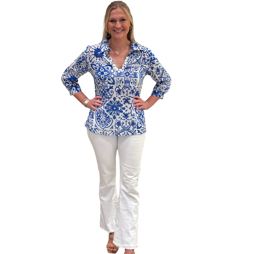 The Carly White Blue Mosaic Print Top