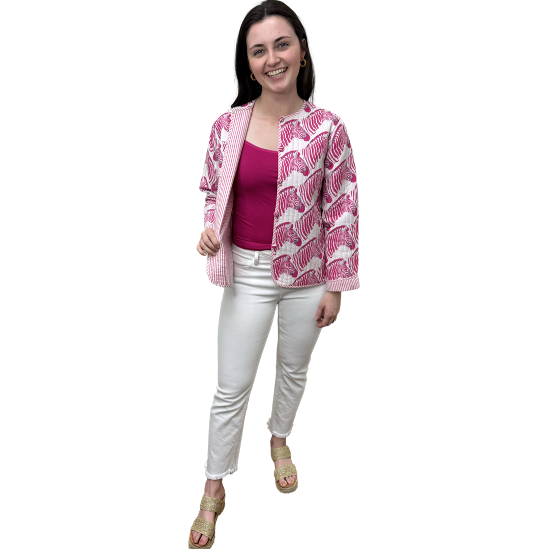 Show Your Stripes Madeline Quilted Cotton Reversible Pink and White Zebra Print Jacket — view 5