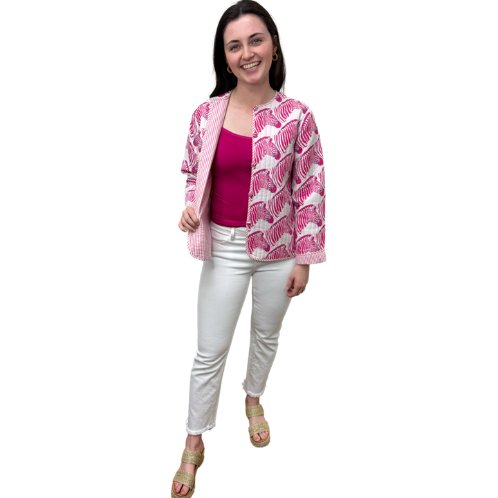 Show Your Stripes Madeline Quilted Cotton Reversible Pink and White Zebra Print Jacket — view 5