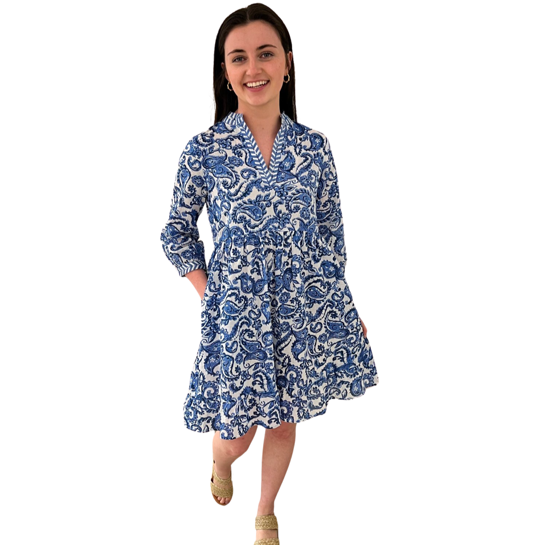 The Morley Cotton Embroidered Trim Dress in Blue and White – Liza Byrd