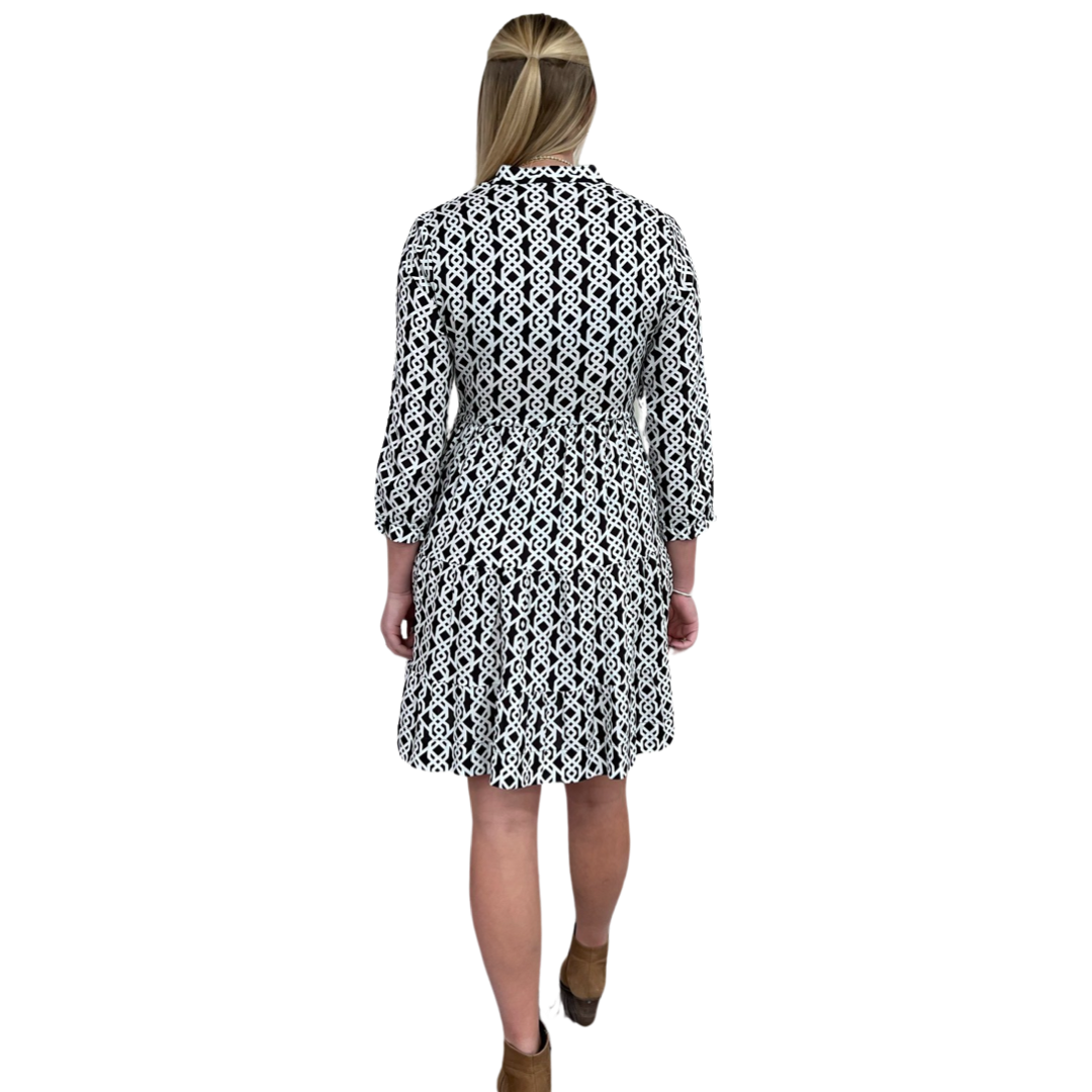 The Hamilton Tie Front Monochromatic Print Dress in Black and White — view 7