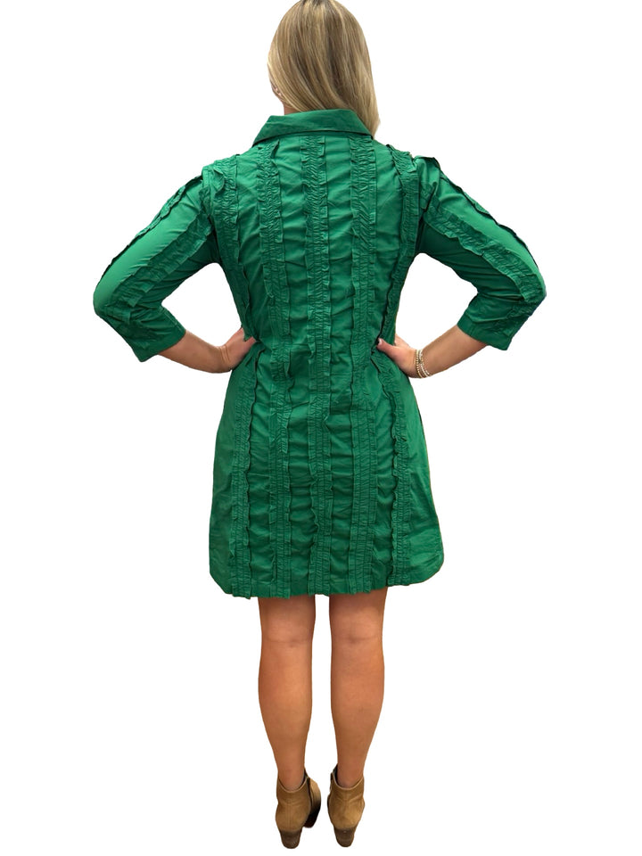The Annika Button Front Shirt Dress in Emerald Green Ruffled Cotton