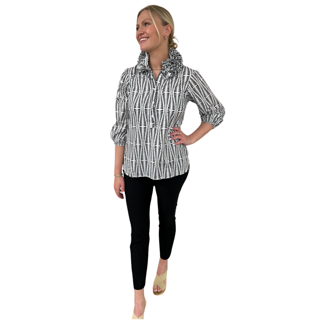 The Maria Ruffle Neck Top in White and Black Splatter Print — view 3