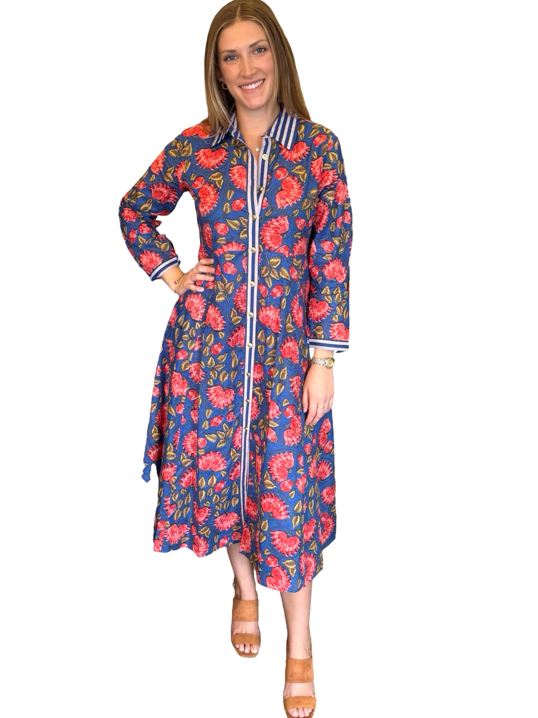 The Marion Button Front Dress in Blue Red Floral Print