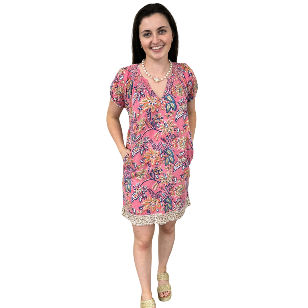 The Michelle Cotton Smocked Neck Pink Floral Dress