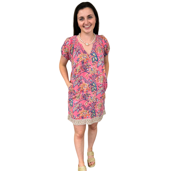 The Michelle Cotton Smocked Neck Pink Floral Dress
