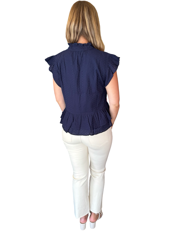 The Bella Ruffle Shirt in Navy Jacquard — view 4