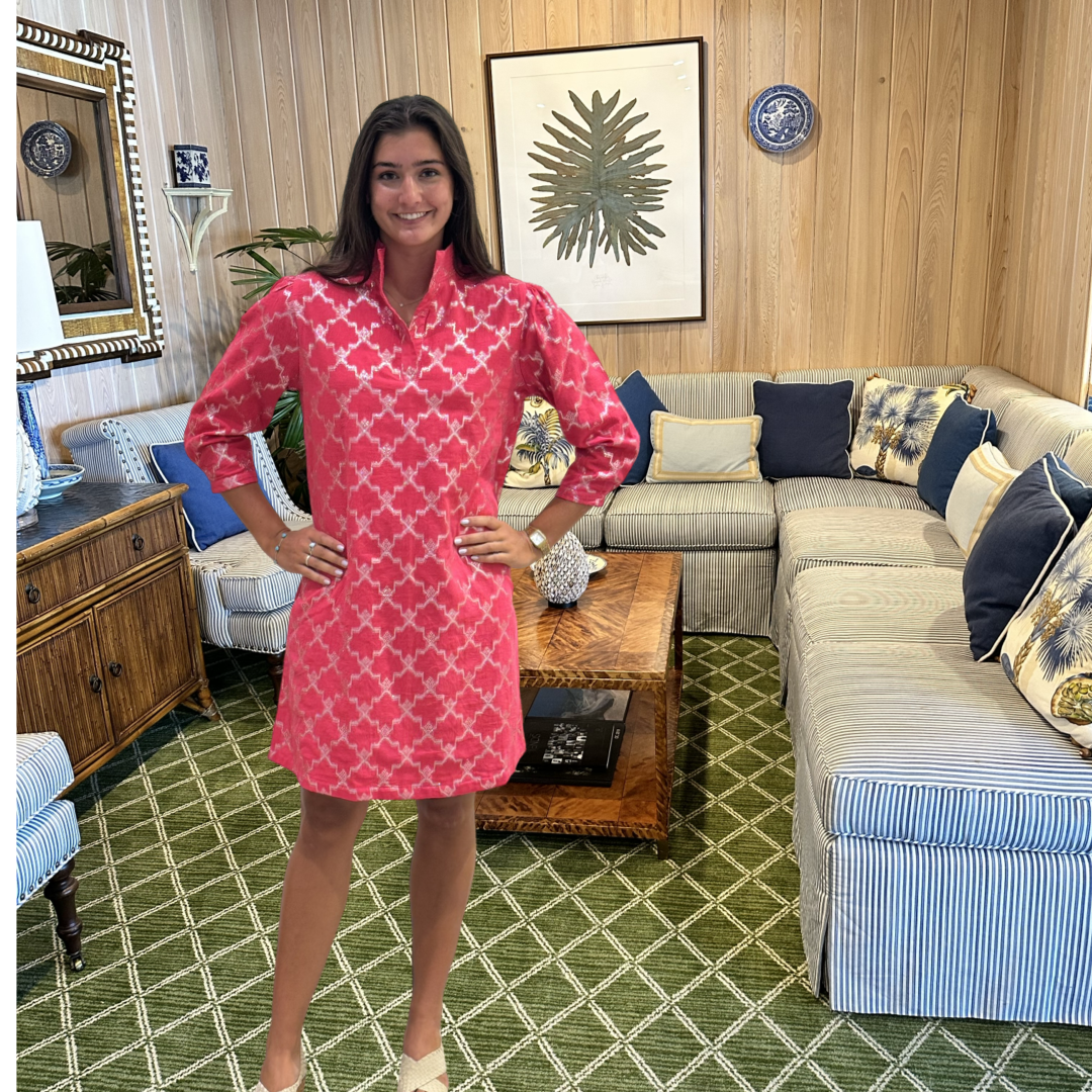 The Shipley Stand-Up Collar Dress in Hot Pink and Silver — view 9