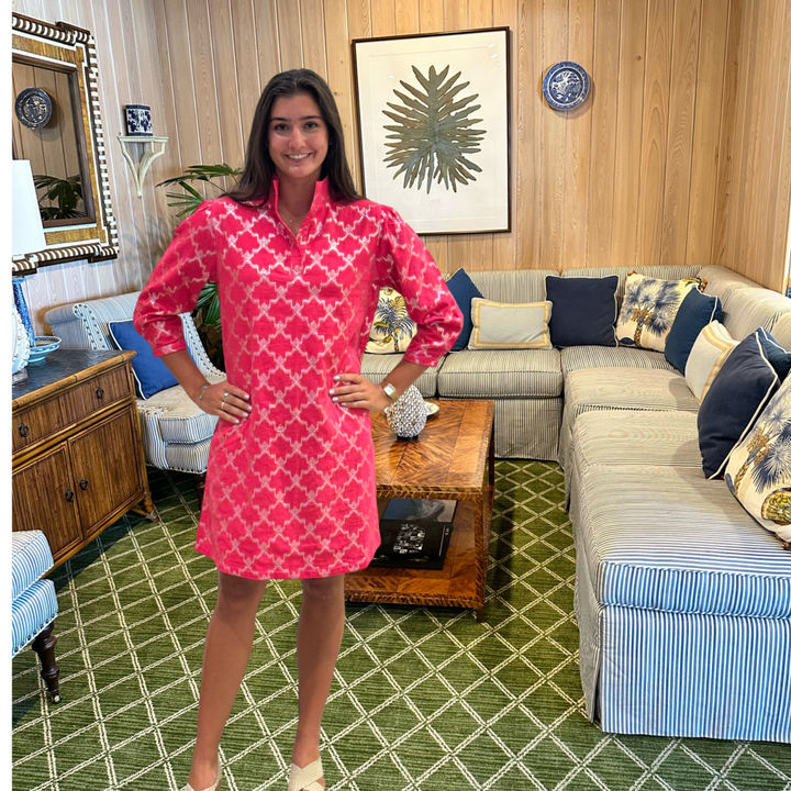 The Shipley Stand-Up Collar Dress in Hot Pink and Silver — view 9