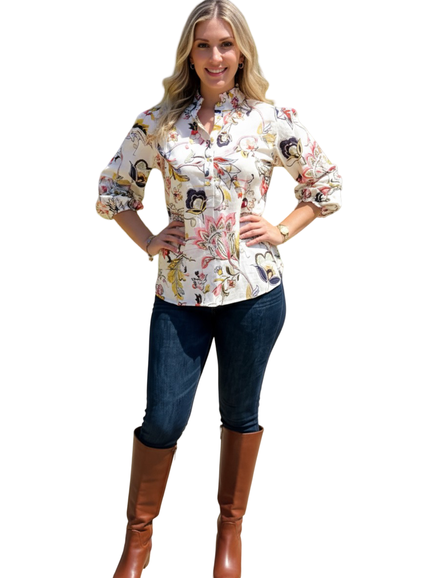 The Tricia Hand Block Printed Top in Ivory Floral