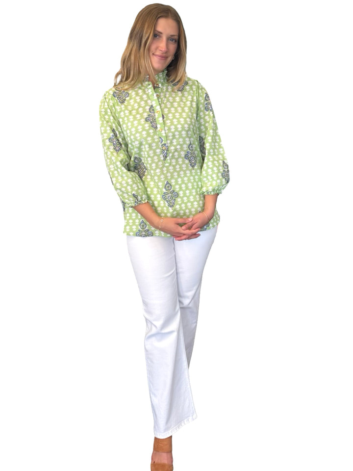 The Tricia Cotton Top in Light Green Hand Block Printed Cotton
