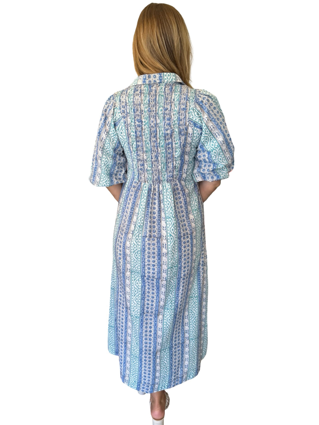 The Joanie Smocked Dress in Multi Green Blue — view 5