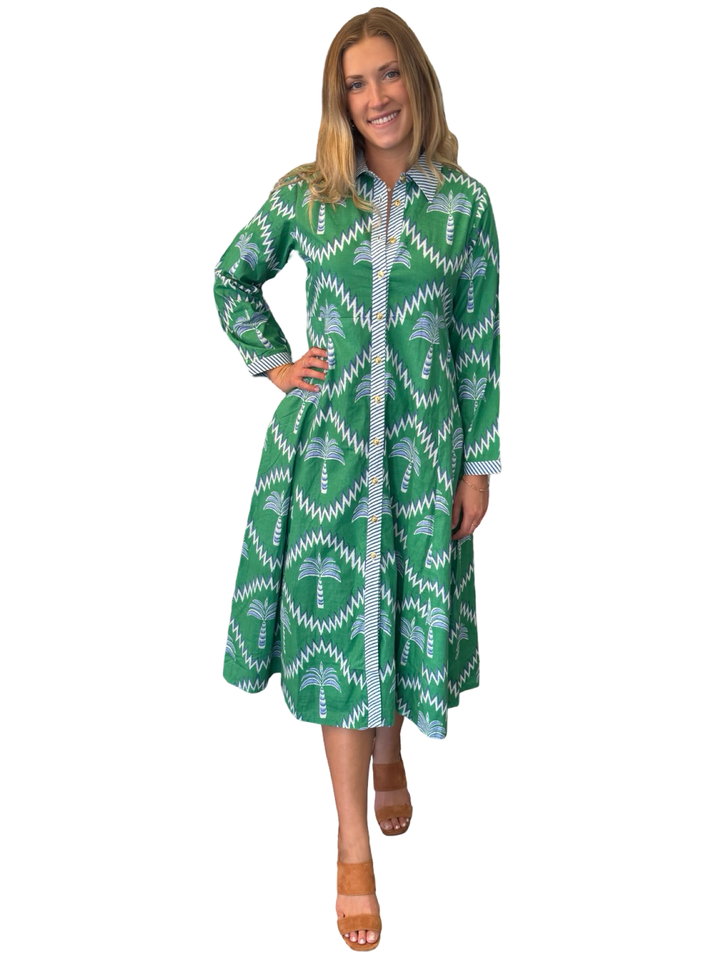 The Marion Button Front Dress in Green Blue Palm Print Cotton