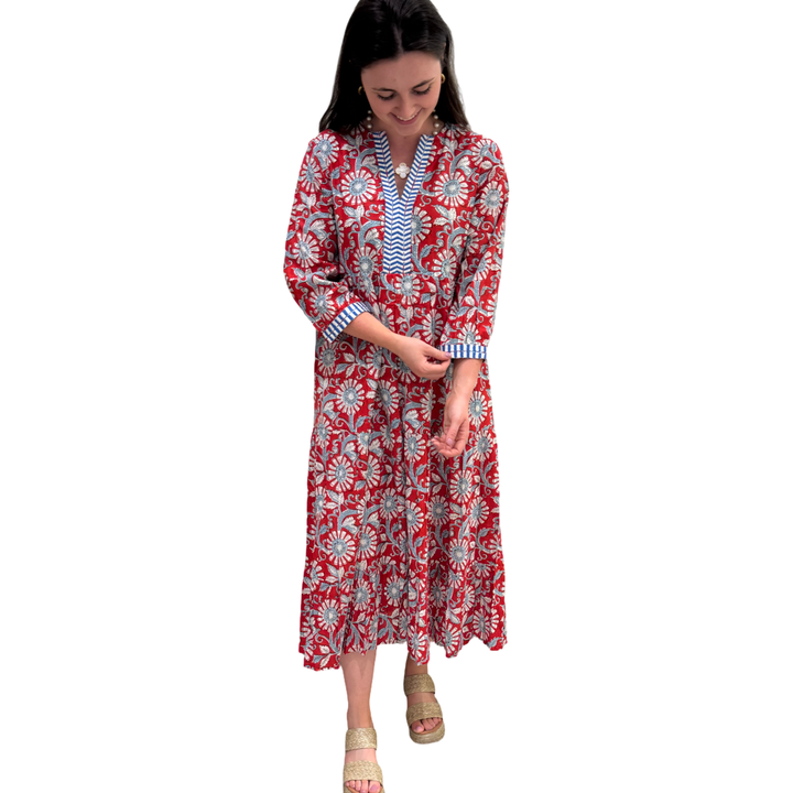 The Daniella Embroidered Trim Dress in Red and Blue Handblocked Floral — view 4