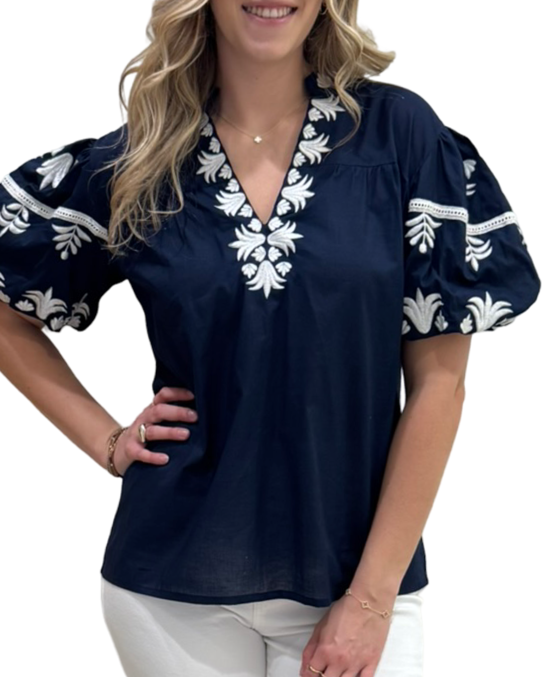 The Kelly Embroidered Top in Navy Blue and White — view 3
