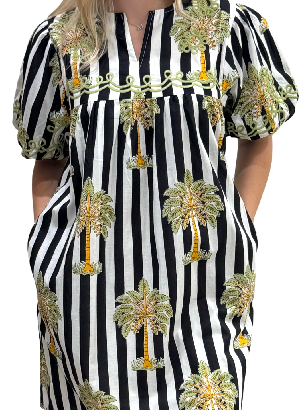 The Poppy Striped Palm Print Dress in Black and White — view 5