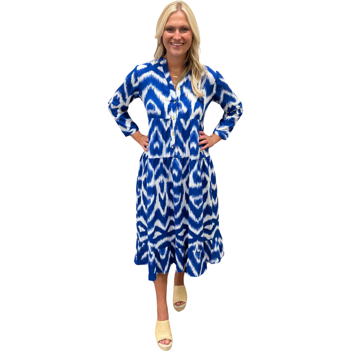 The Southport Long Length Dress in Royal Blue Ikat