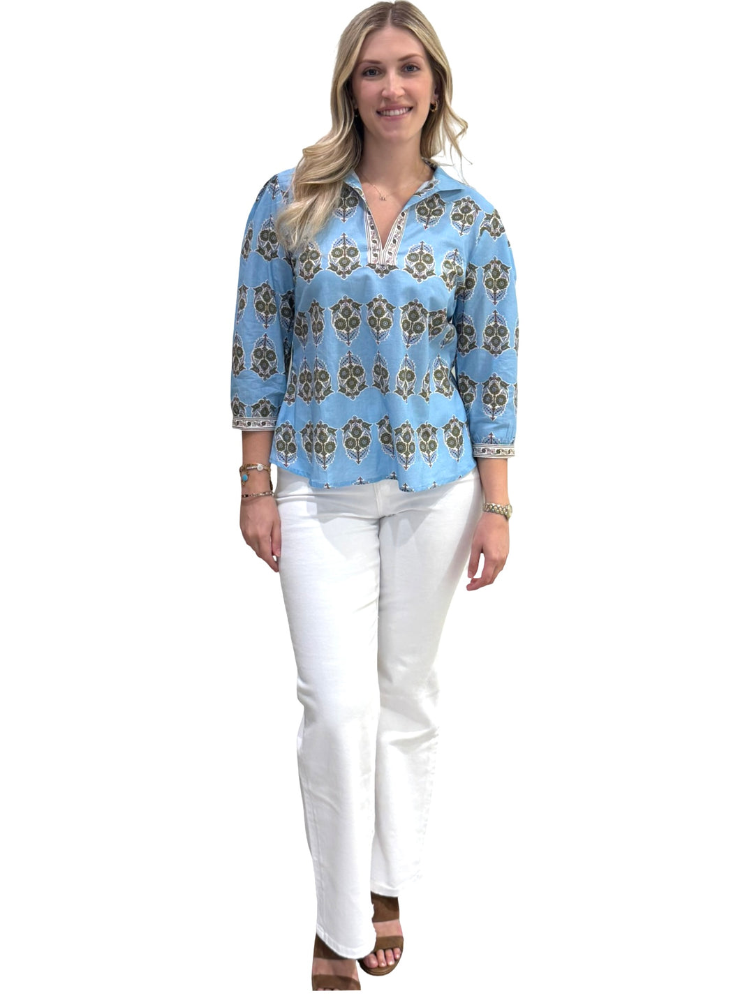 The Missy Cotton Border Print Top in Turquoise Floral — view 3