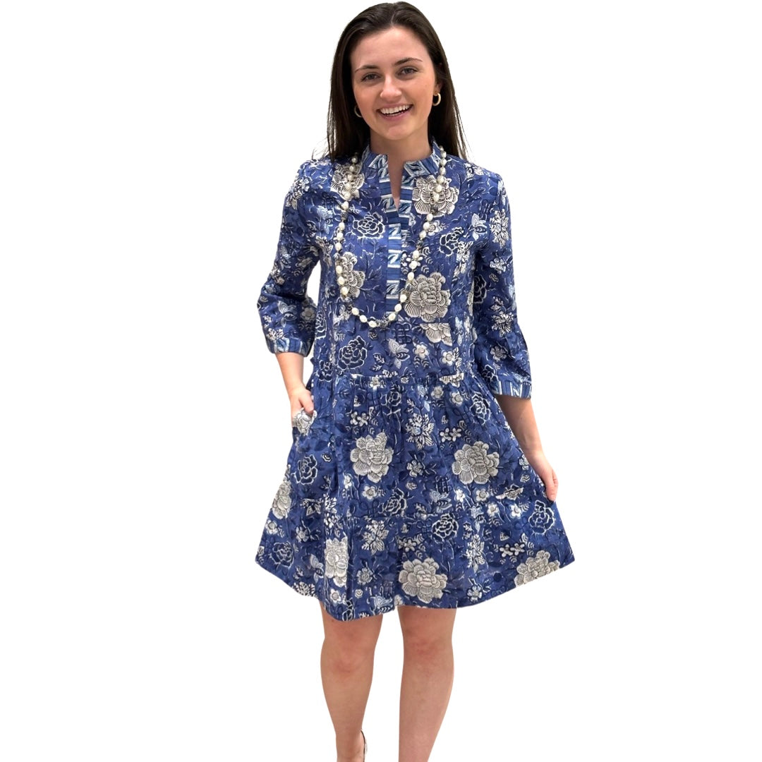 The Makayla Block Print Dress in Blue Floral