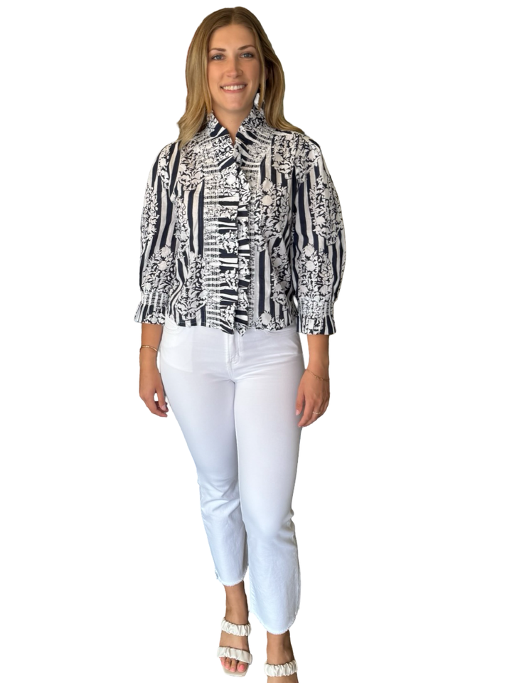The Amelia Cotton Ruffle Top in Navy Striped Floral Print — view 3