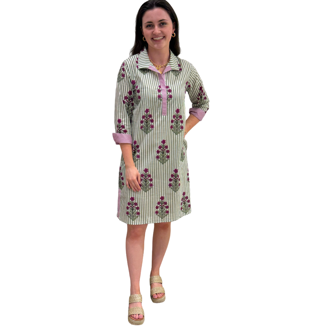 The Lisette Cotton Green Striped Floral Side Pocket Dress — view 3