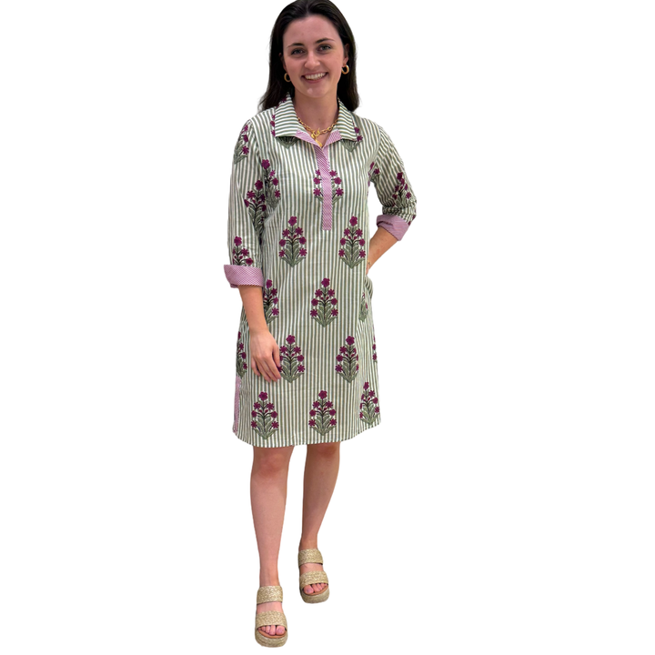 The Lisette Cotton Green Striped Floral Side Pocket Dress — view 3