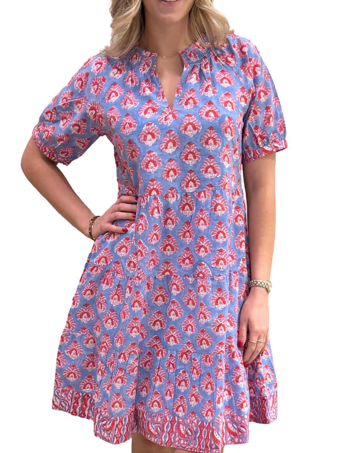 The Dahlia Smocked Neck  Hand Block Printed Cotton Dress in Blue Red — view 4