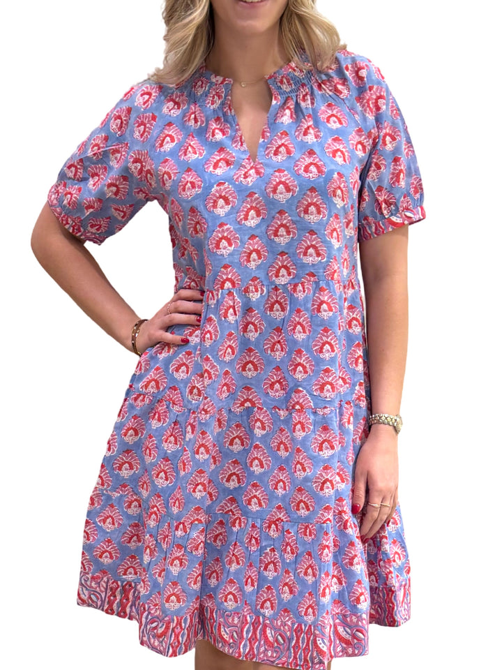 The Dahlia Smocked Neck  Hand Block Printed Cotton Dress in Blue Red — view 4