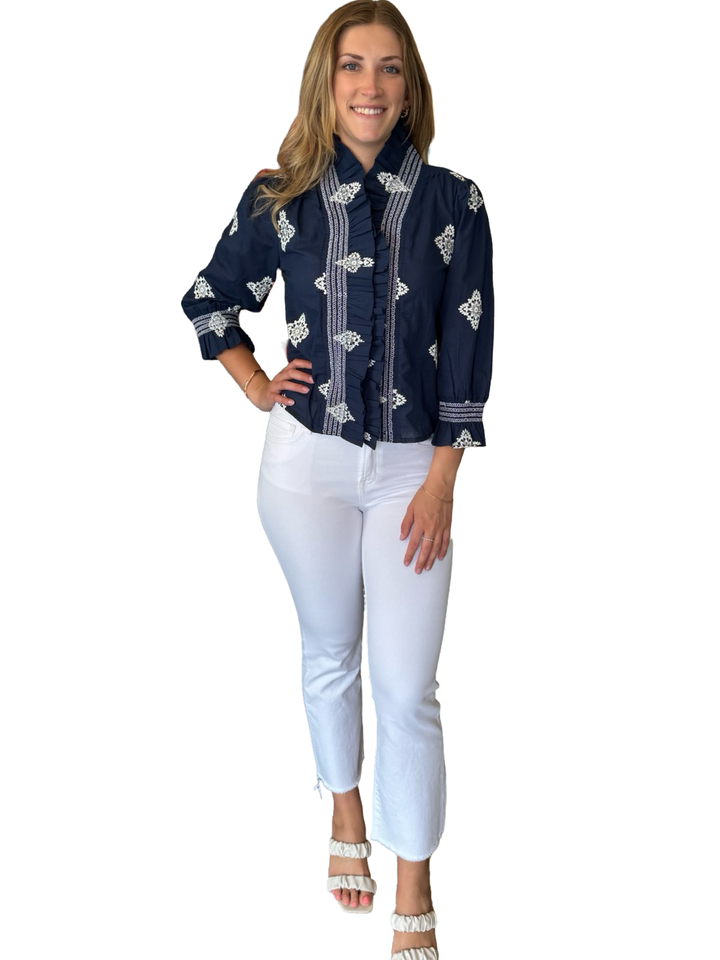 The Amelia Smocked Ruffle Top in Navy with White Embroidery — view 2